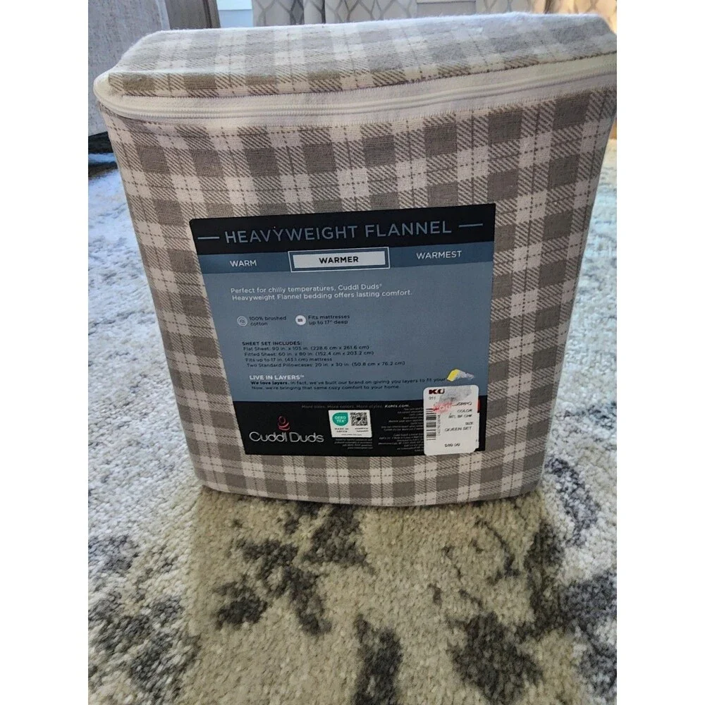 Cuddl Duds Heavyweight Flannel QUEEN Brushed Cotton Sheet Set Neutral Buff Check